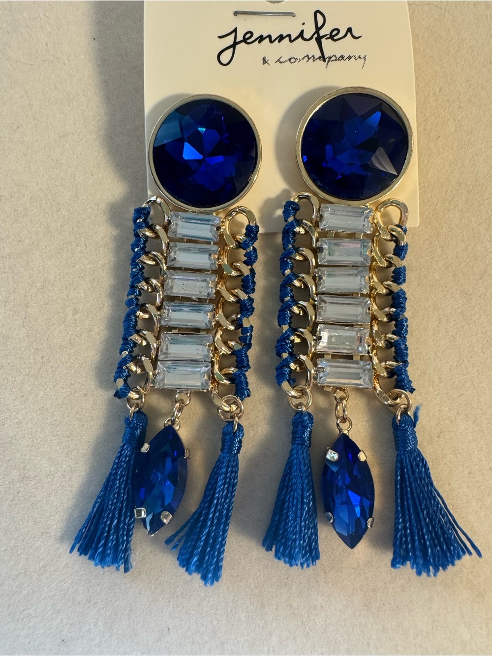 New Jennifer & Company Royal Blue Crystal Tassel Drop Earrings